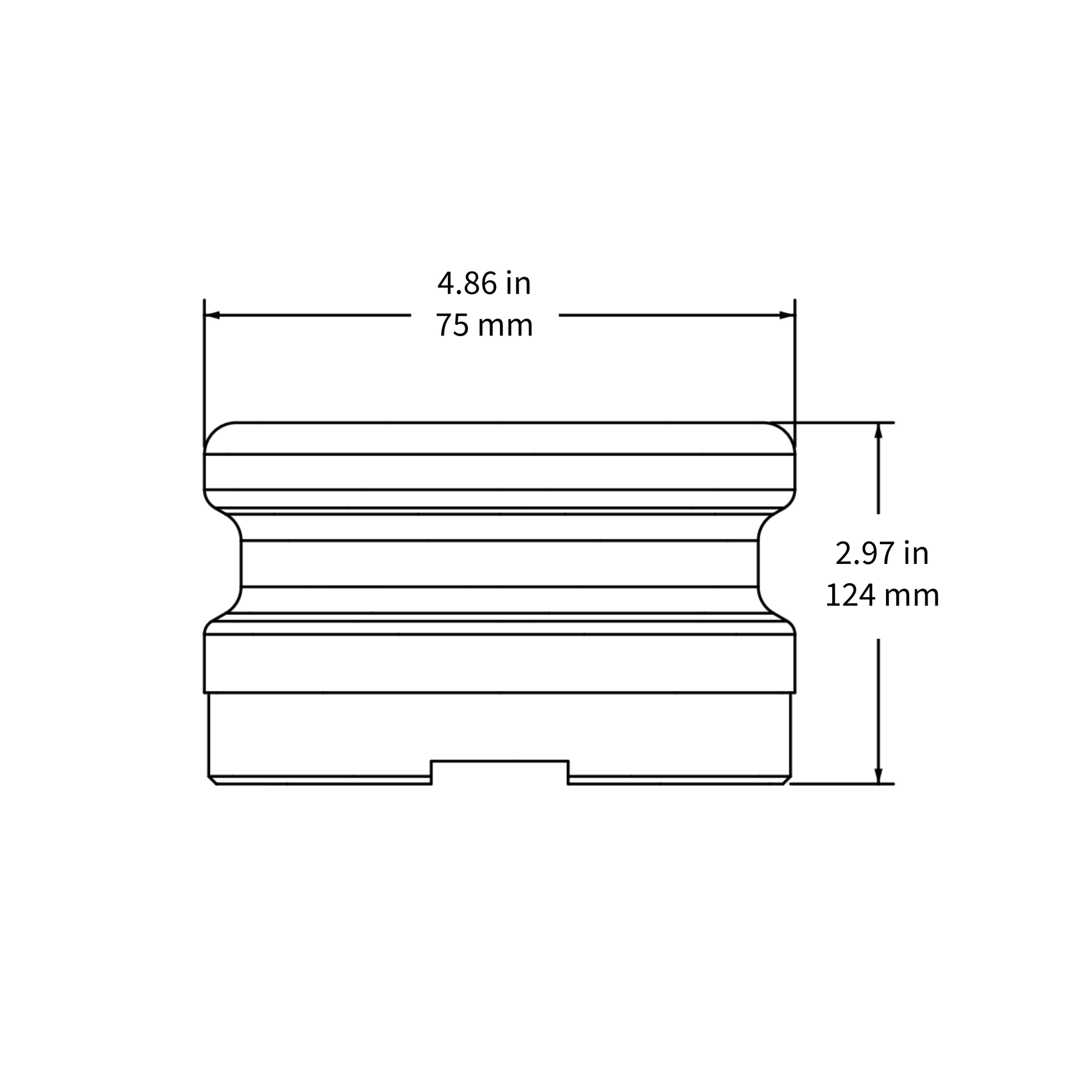 Technical drawing of a cylindrical coupling component with labeled dimensions. The width is marked as 4.86 inches (75 mm), and the height is marked as 2.97 inches (124 mm). The drawing shows the component's profile with grooved edges and a notch at the bottom.