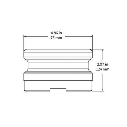 Technical drawing of a cylindrical coupling component with labeled dimensions. The width is marked as 4.86 inches (75 mm), and the height is marked as 2.97 inches (124 mm). The drawing shows the component's profile with grooved edges and a notch at the bottom.