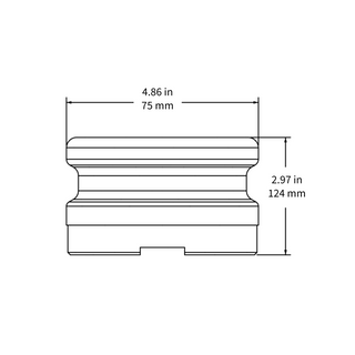 Technical drawing of a cylindrical coupling component with labeled dimensions. The width is marked as 4.86 inches (75 mm), and the height is marked as 2.97 inches (124 mm). The drawing shows the component's profile with grooved edges and a notch at the bottom.