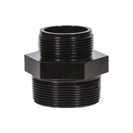 Close-up of a black threaded adapter fitting with a hexagonal middle section. The component has external threads on both ends, allowing it to connect with other threaded parts. The surface is smooth and shiny, indicating a polished finish.